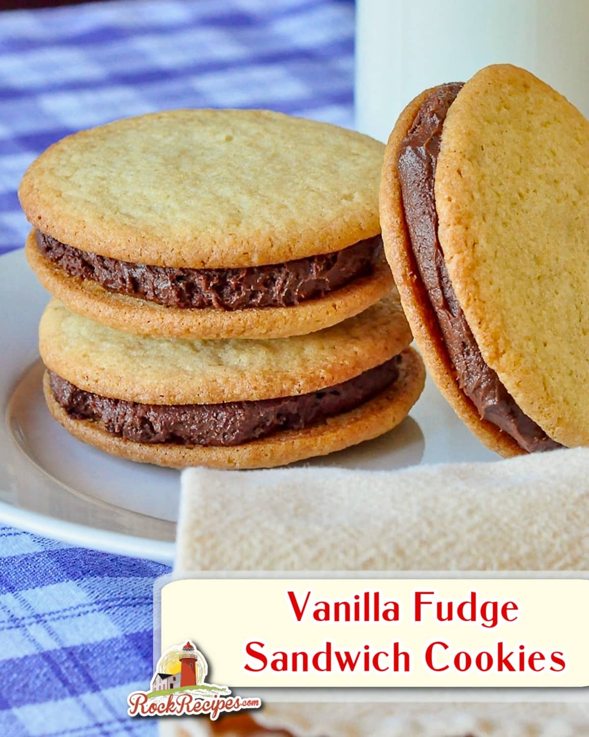 Vanilla Fudge Sandwich Cookies photo with title text for social media posts.
