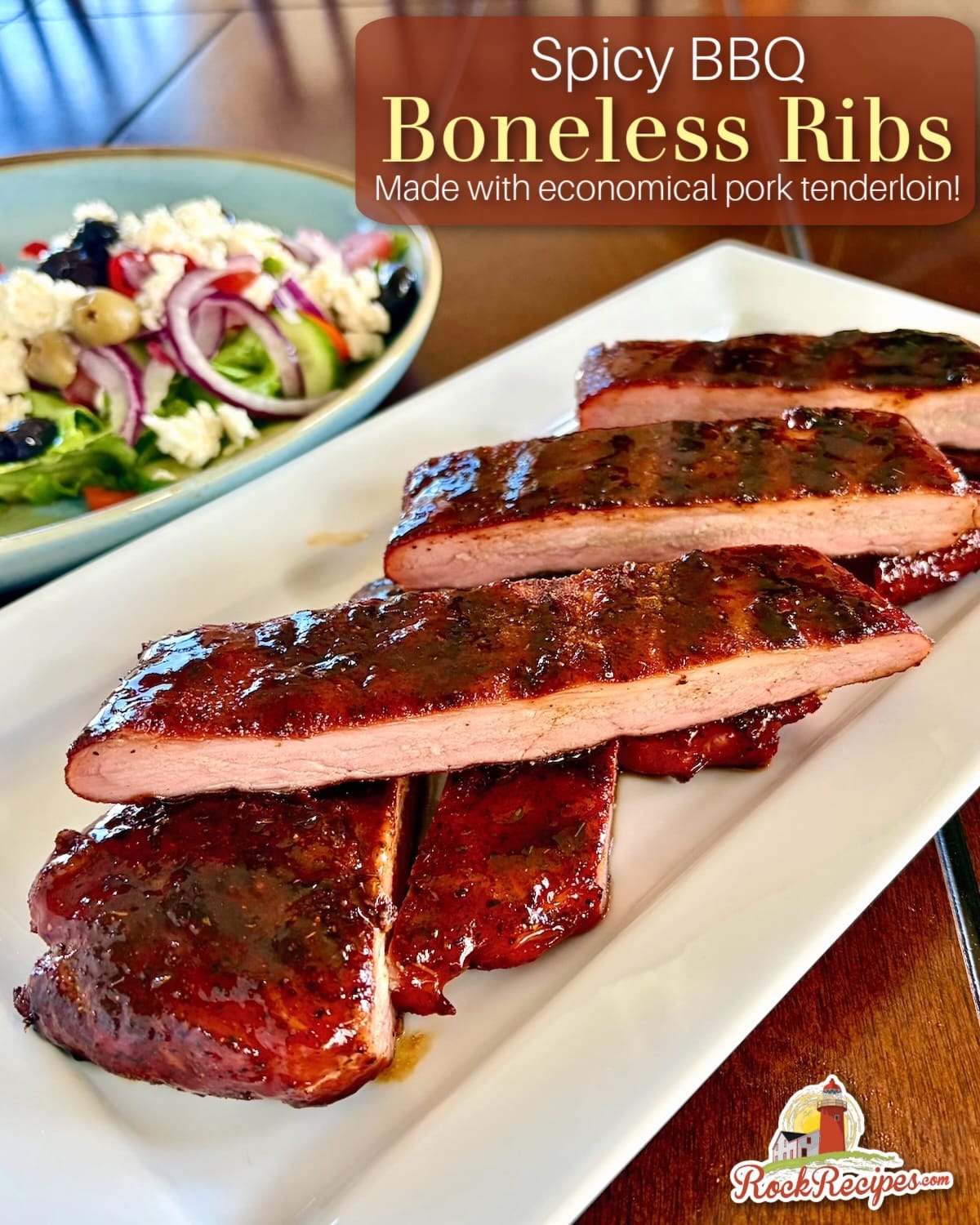 Barbecue Boneless Ribs sliced and stacked n a white serving platter with title text and Rock Recipes logo added for social media posts.