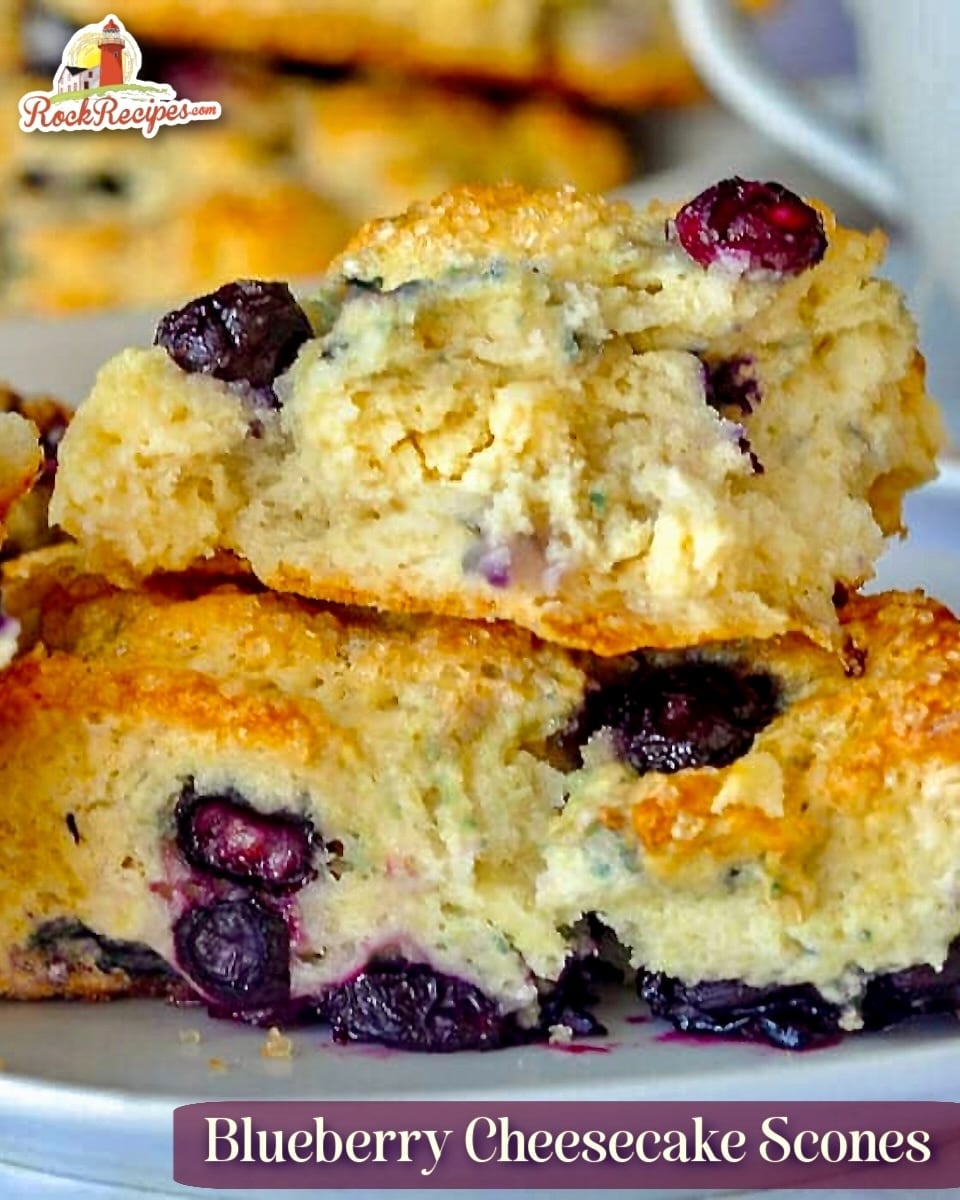 Blueberry Cheesecake Scones close up photo with title text added for social media.
