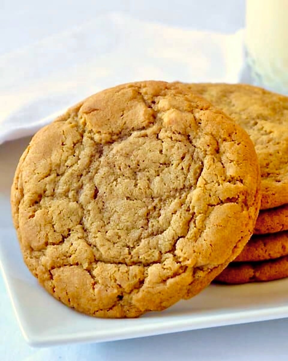 Close up vertical photo of Photo of Brown Butter Cookies on a white plate with a glass of milk in the background.