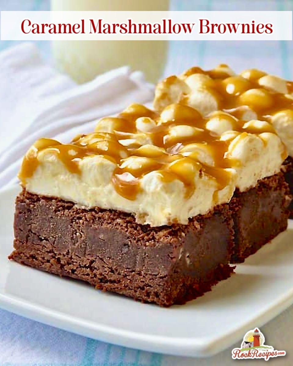 Caramel Marshmallow Brownies photo with title text added for socisl media posts