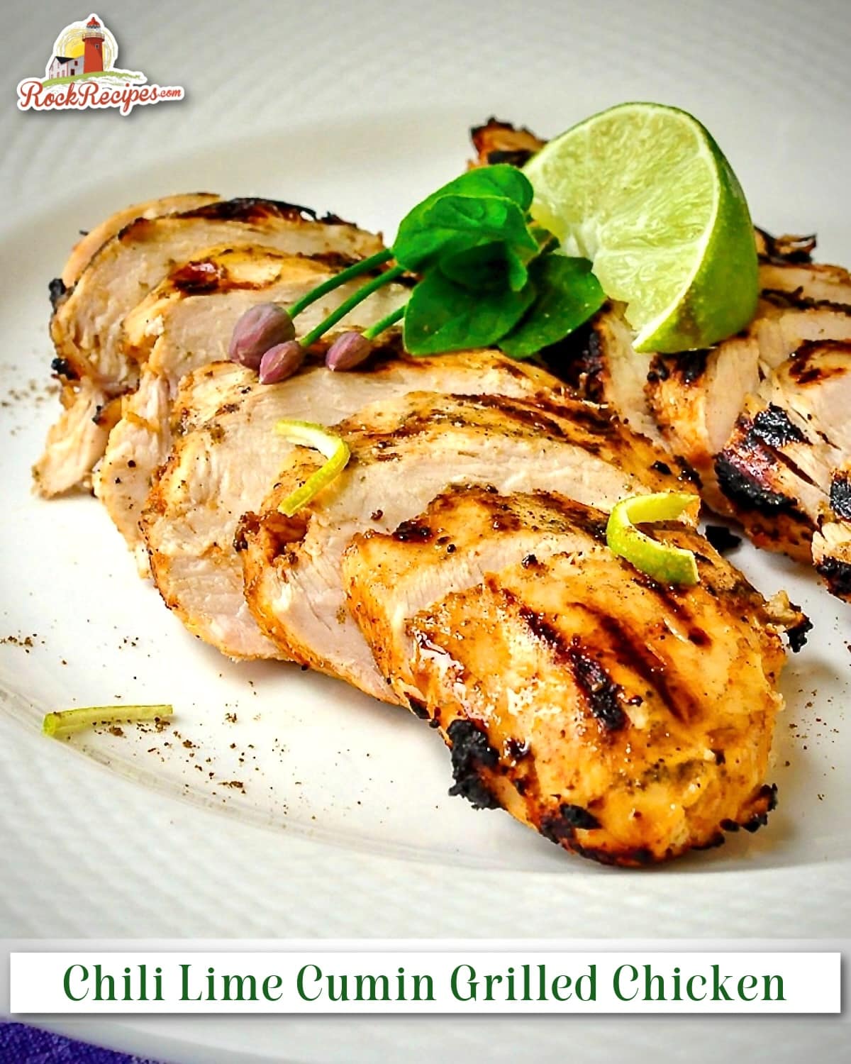 Chili Lime Cumin Grilled Chicken photo with title text added for social media posts.