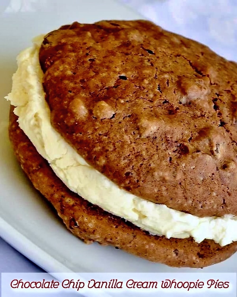 Chocolate Chip Vanilla Cream Whoopie Pies photo with title text added for Pinterest (1)