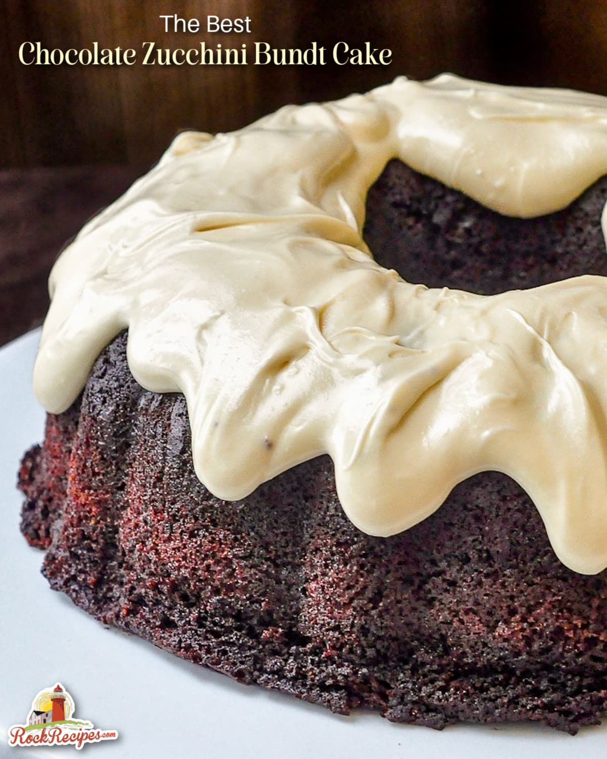 Chocolate Zucchini Cake with Cream Cheese Glaze photo with title text added for Pinterest and social media posts.