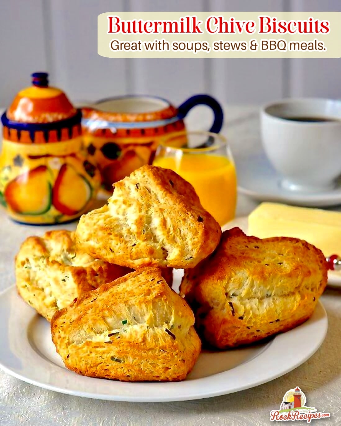 Buttermilk Chive Biscuits shown with tea service in the background and title text added for social media posts.