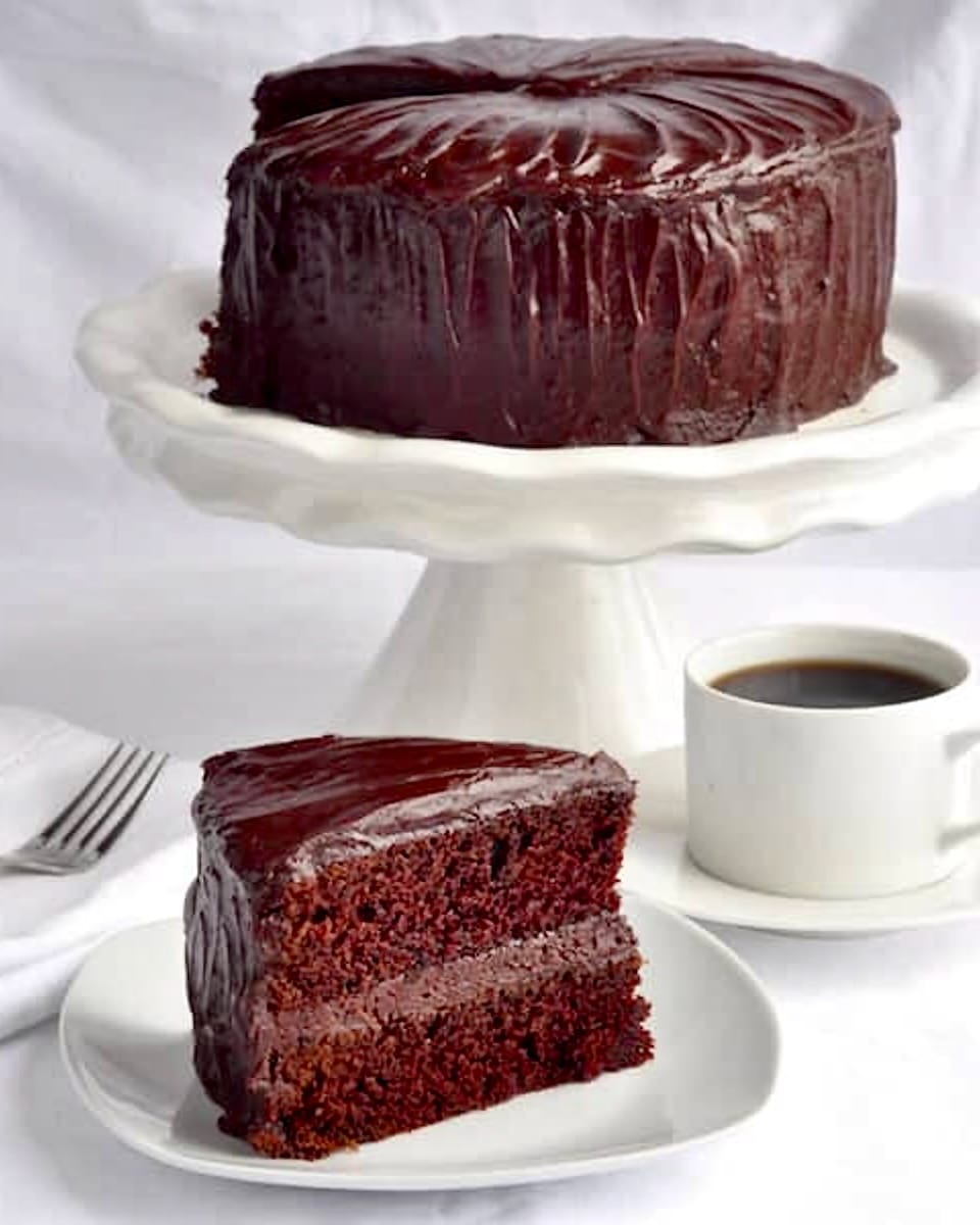 Chocolate Fudge Cake with Easy Fudge Frosting rectangular cropped image.