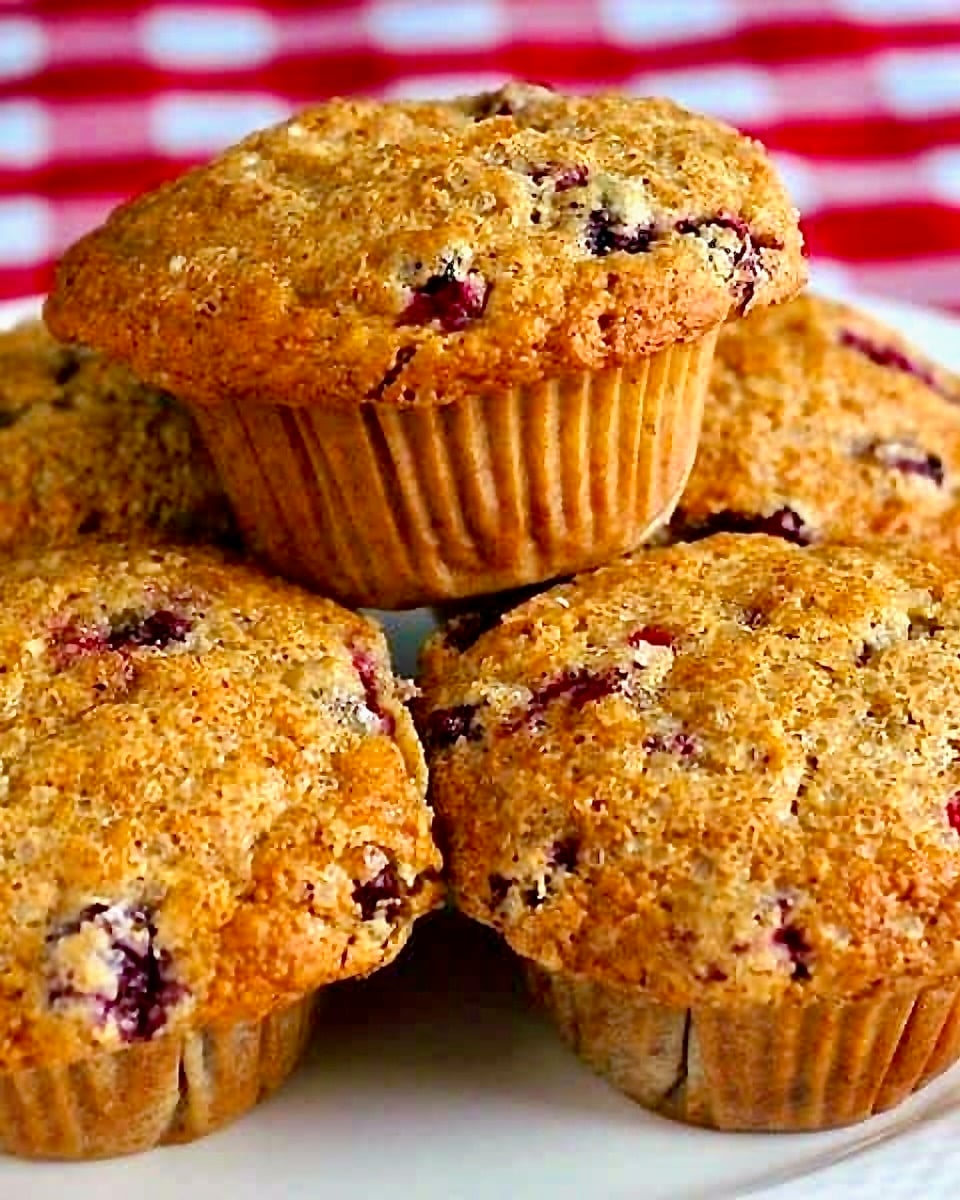 Close up photo of Cranberry Flax Muffins stacked on a white plate.