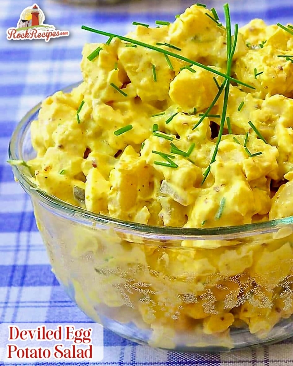 Deviled Egg Potato Salad photo with title text added for social media posts.