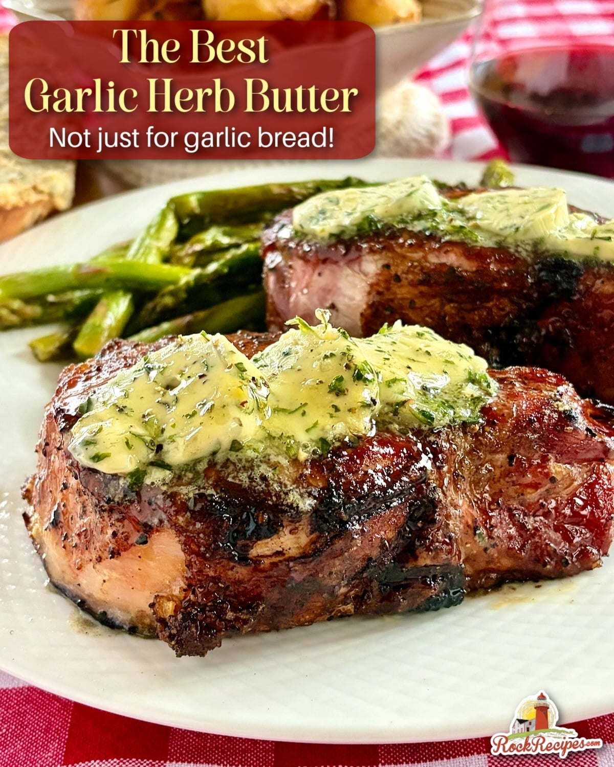 Garlic Herb Butter shown melting over Smoked grilled pork chops with title text and Rock Recipes logo added for social media posts and Pinterest.