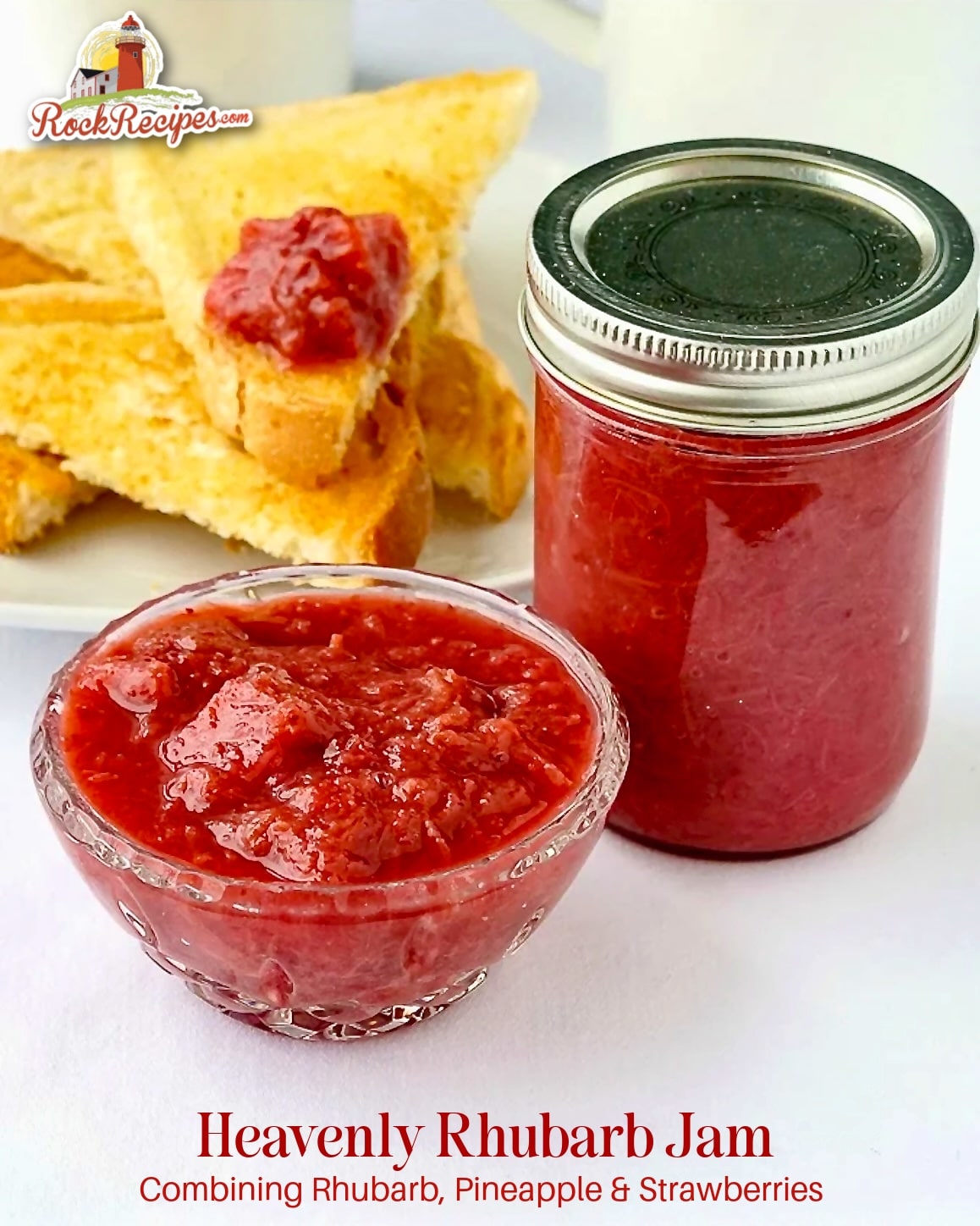 Heavenly Rhubarb Jam photo with title text added for Pinterest and social media posts.