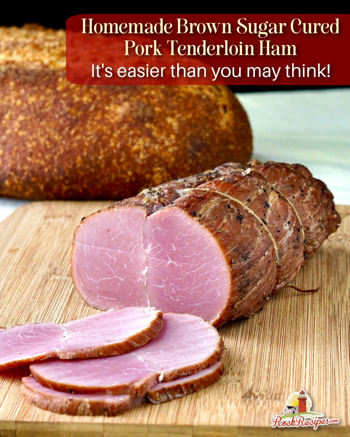 Homemade Tenderloin Ham photo ham being sliced with title text added for social media posts.
