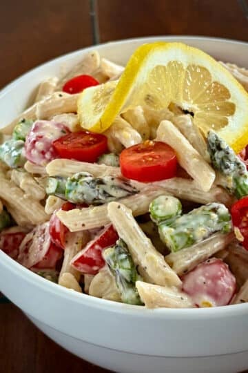 Photo of Creamy Lemon Parmesan Salad Dressing used in a simple pasta salad.