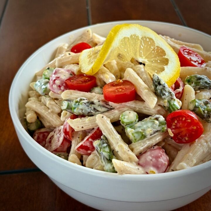Photo of Creamy Lemon Parmesan Salad Dressing used in a simple pasta salad.