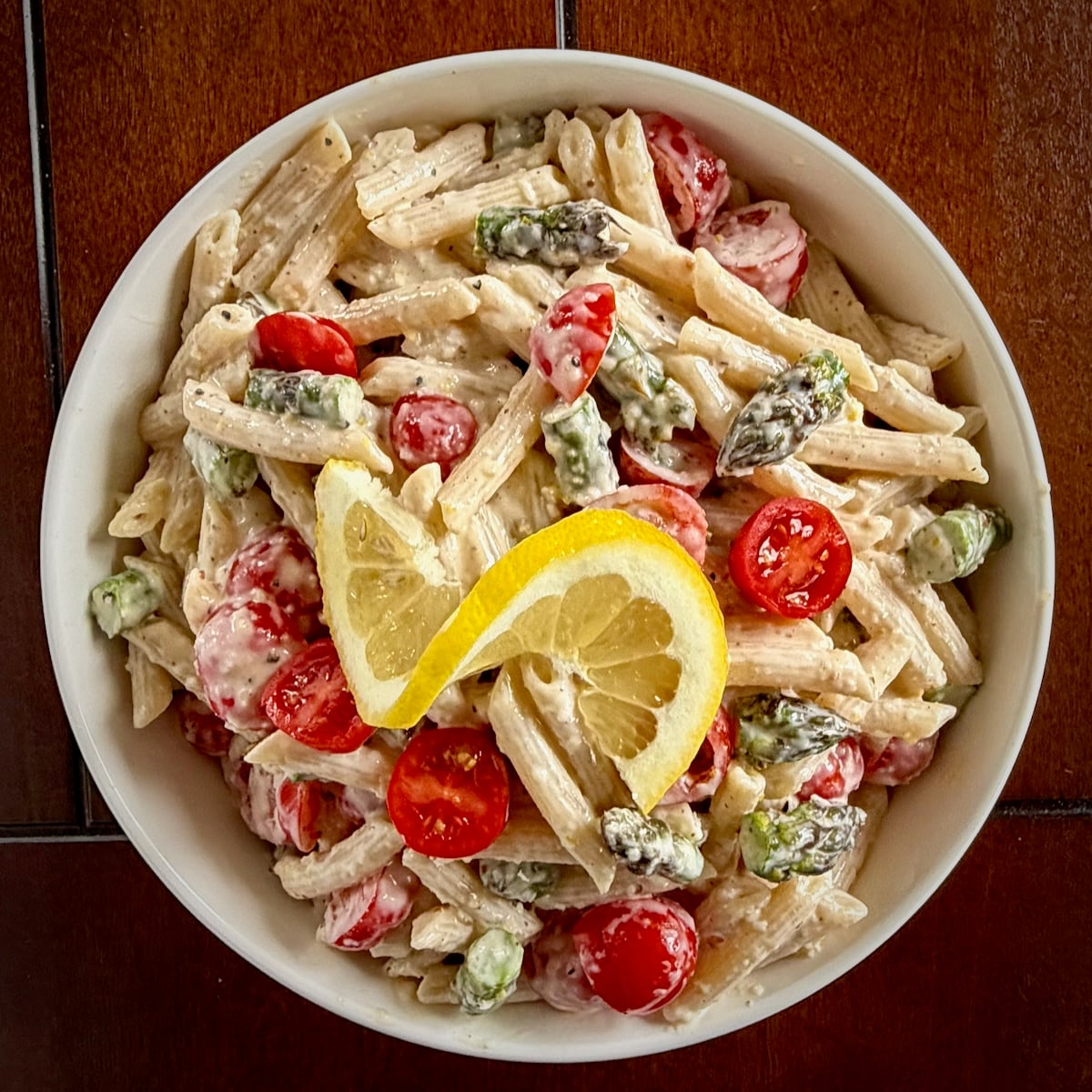 Overhead photo of Lemon Parmesan Pasta Salad ingredients ready to be mixed.