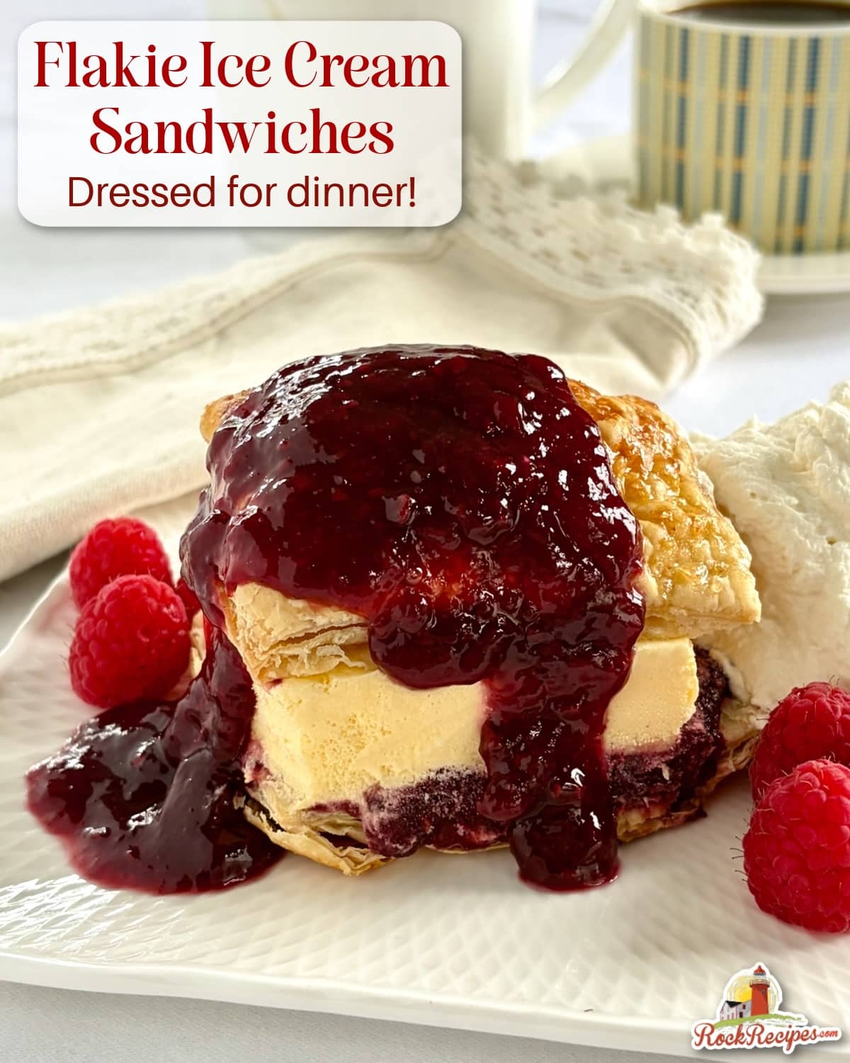 Ice Cream Sandwich Flakies photo of one serving with extra sauce and whipped cream with title text and Rock Recipes logo added for Pinterest and social media posts.