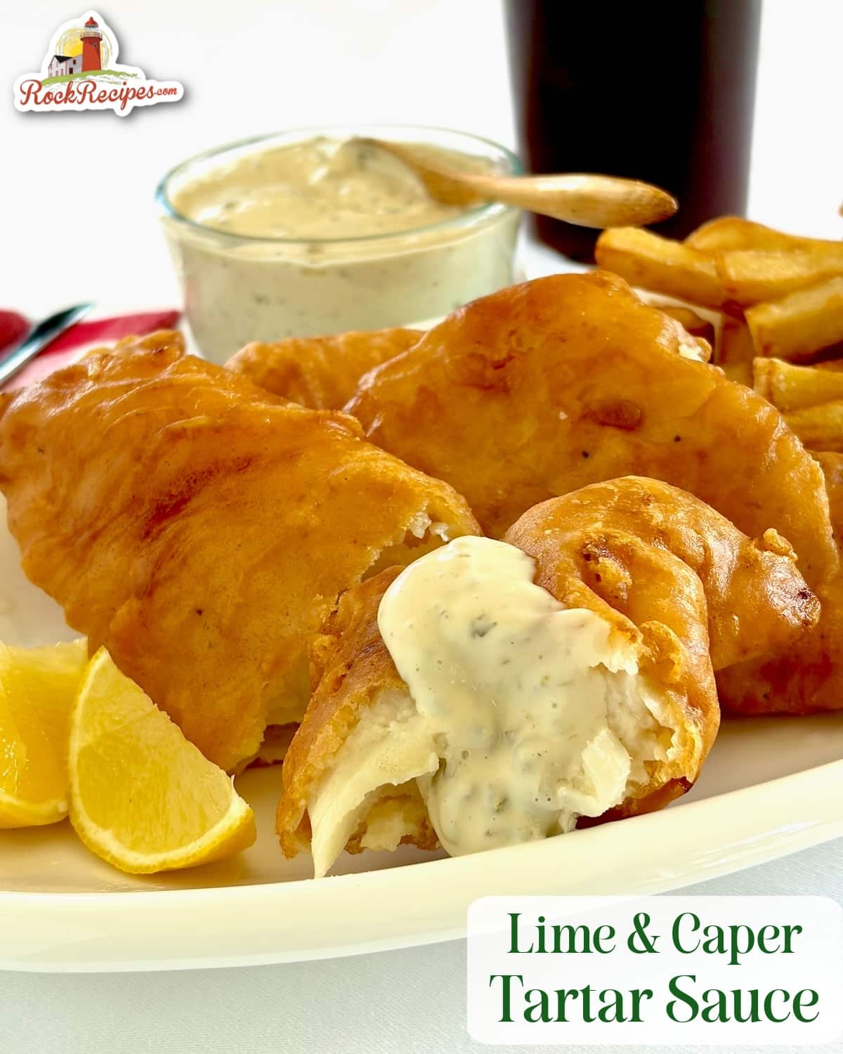 Lime Caper Tartar Sauce photo with title text added for social media posts and Pinterest.