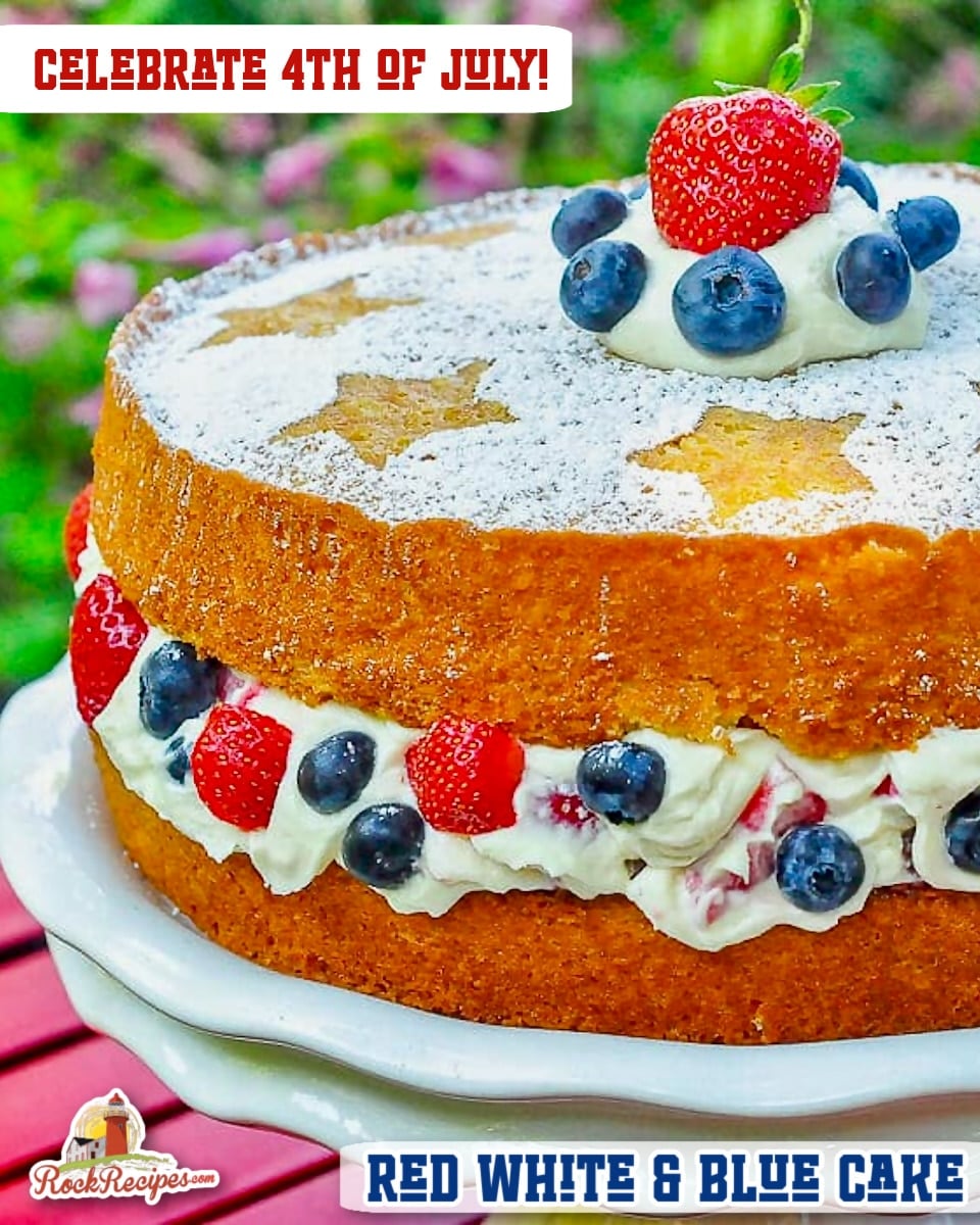 Red White and Blue Mascarpone Cream Cake full finished cake image with title text for social media posts