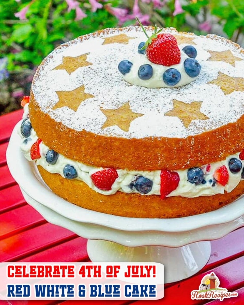 Red White and Blue Mascarpone Cream Cake full finished cake image with title text for social media posts.