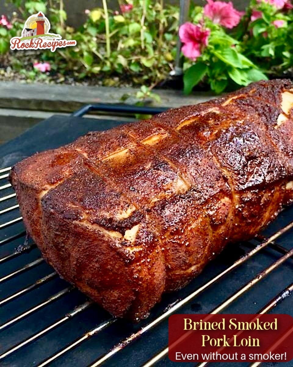 Smoked Pork Loin with Summer Spice Dry Rub photo of the pork loin just out of the smoker with title text and Rock Recipes logo added for social media posts nd Pinterest.