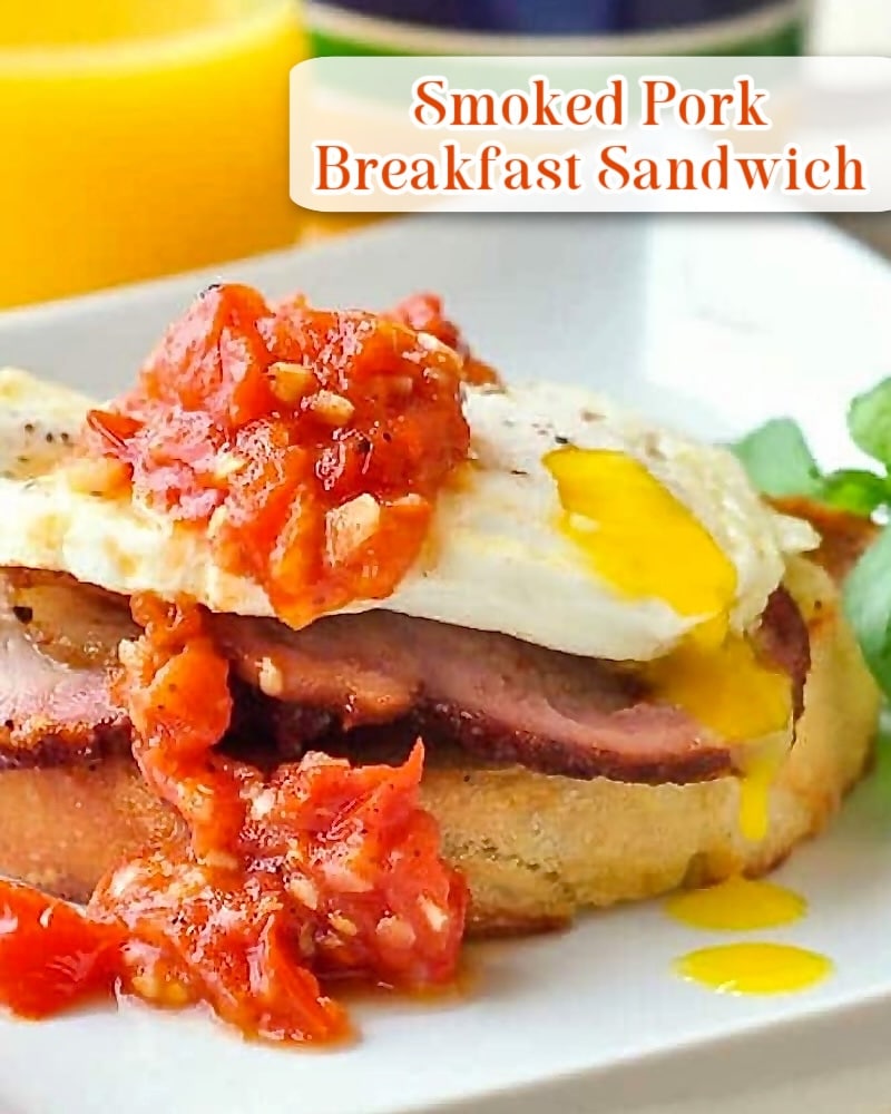 Smoked pork breakfast sandwiches photo with title text added for Pinterest and social media posts.