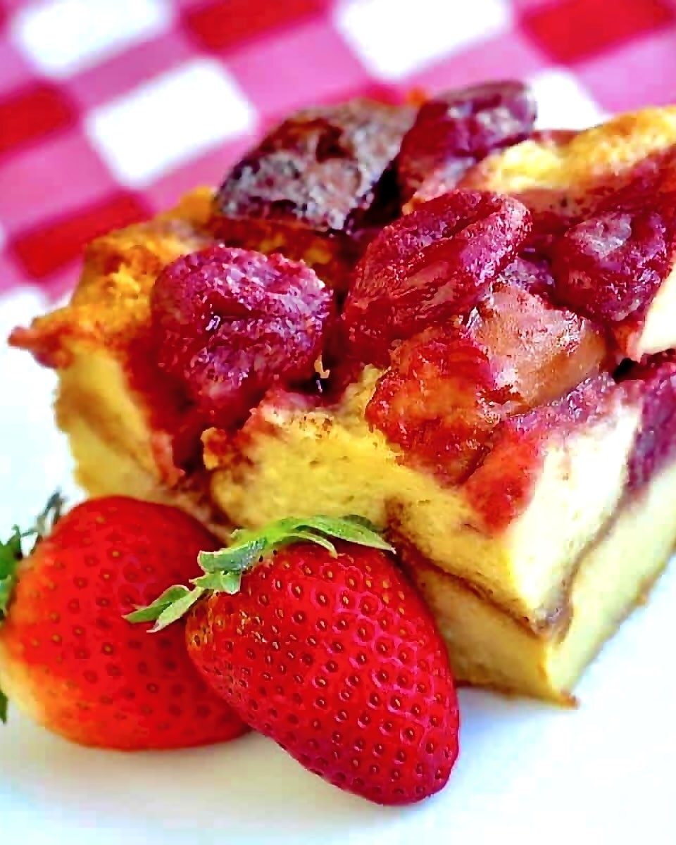 Strawberries & Cream Bread Pudding close up photo.