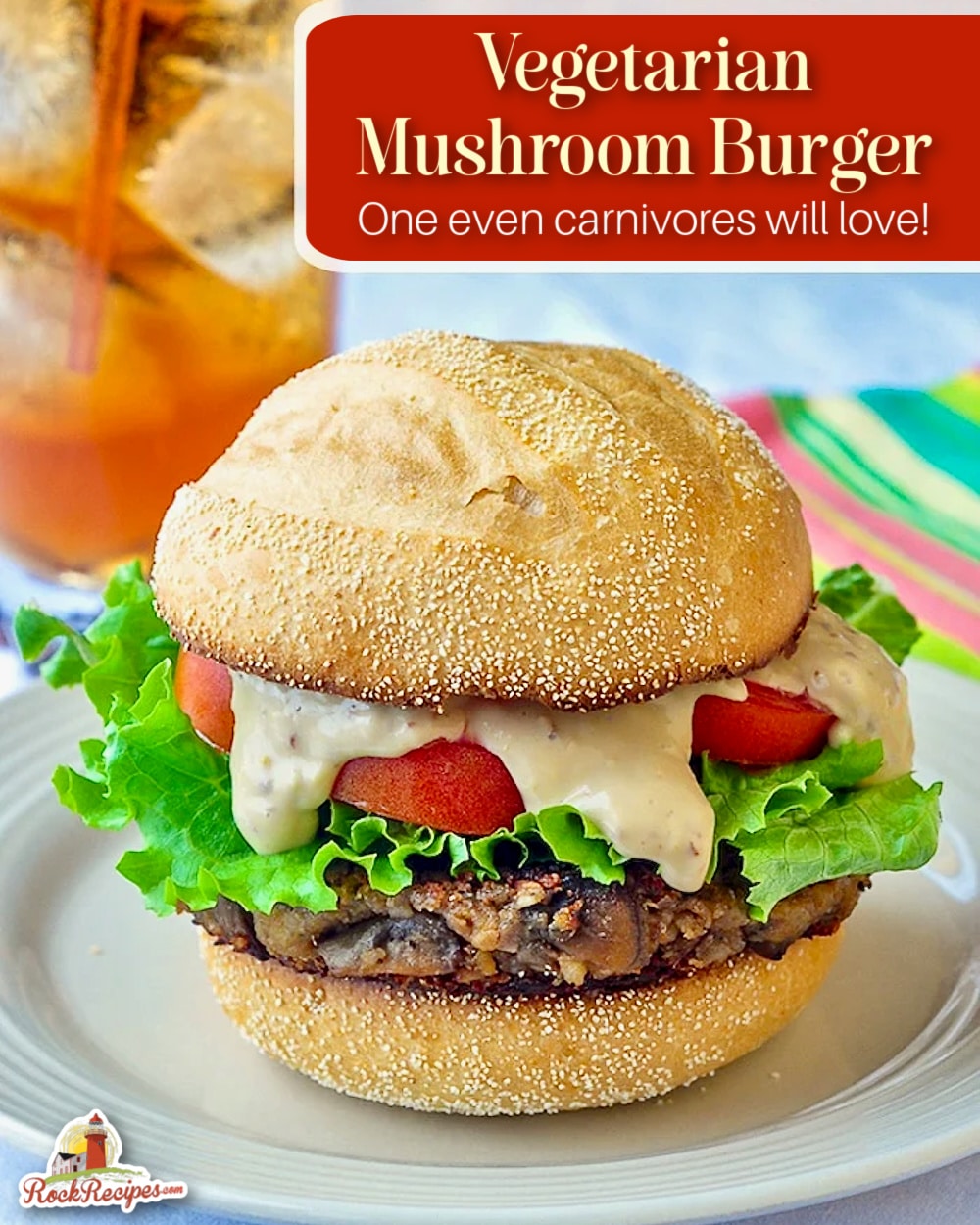 Vegetarian Mushroom Burger photo with title text added for social media posts.