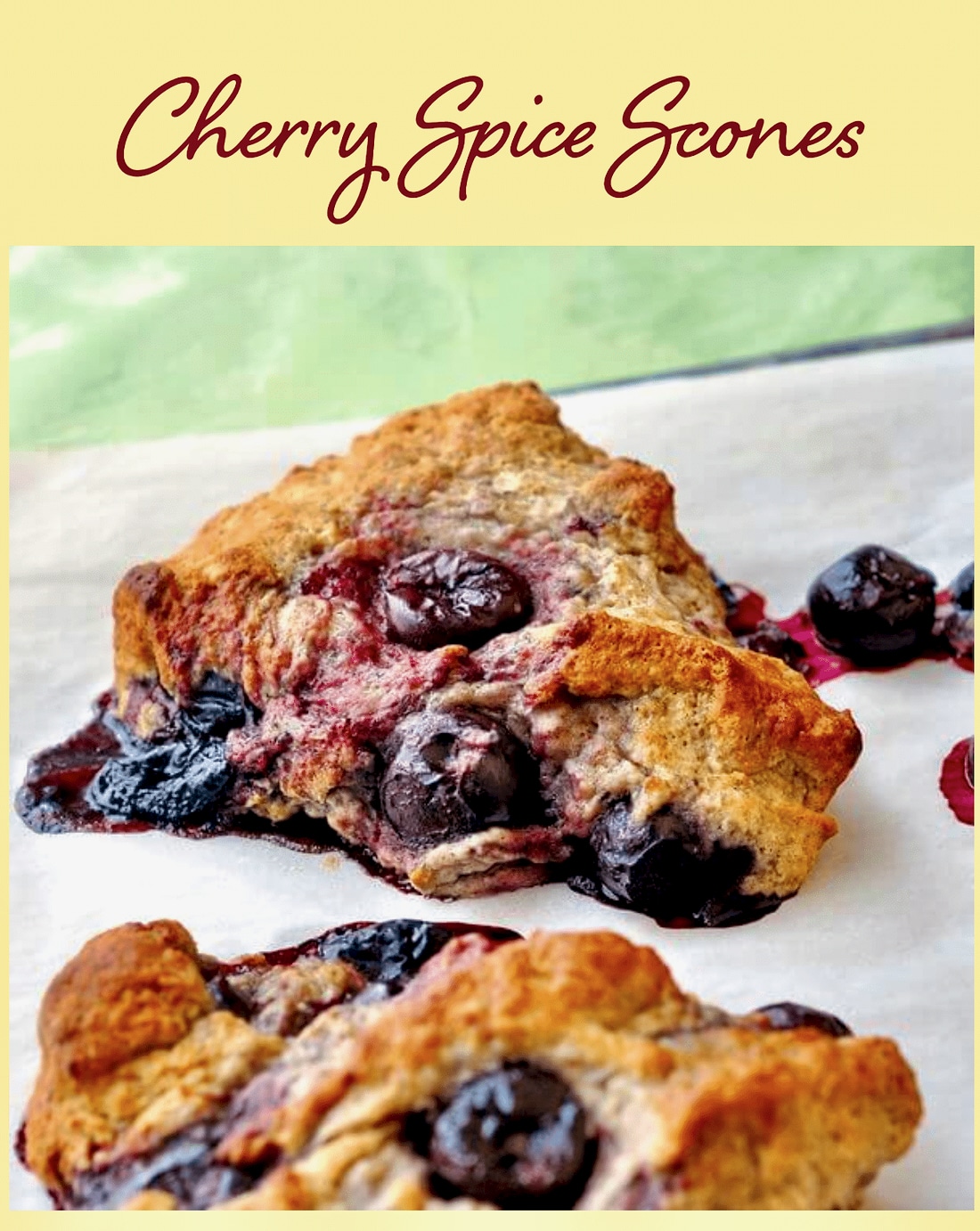 A photo of cherry scones on a yellow background with red title text overlay.