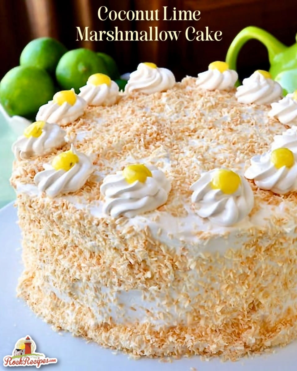 Coconut Lime Marshmallow Cake photo of uncut cake with title text added for Pinterest and social media posts.