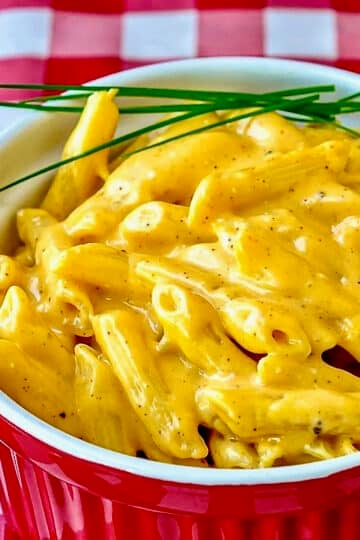 photo of Quick and Easy Stovetop Mac and Cheese in a red serving dish
