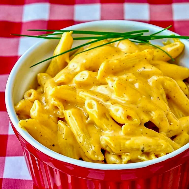 photo of Quick and Easy Stovetop Mac and Cheese in a red serving dish