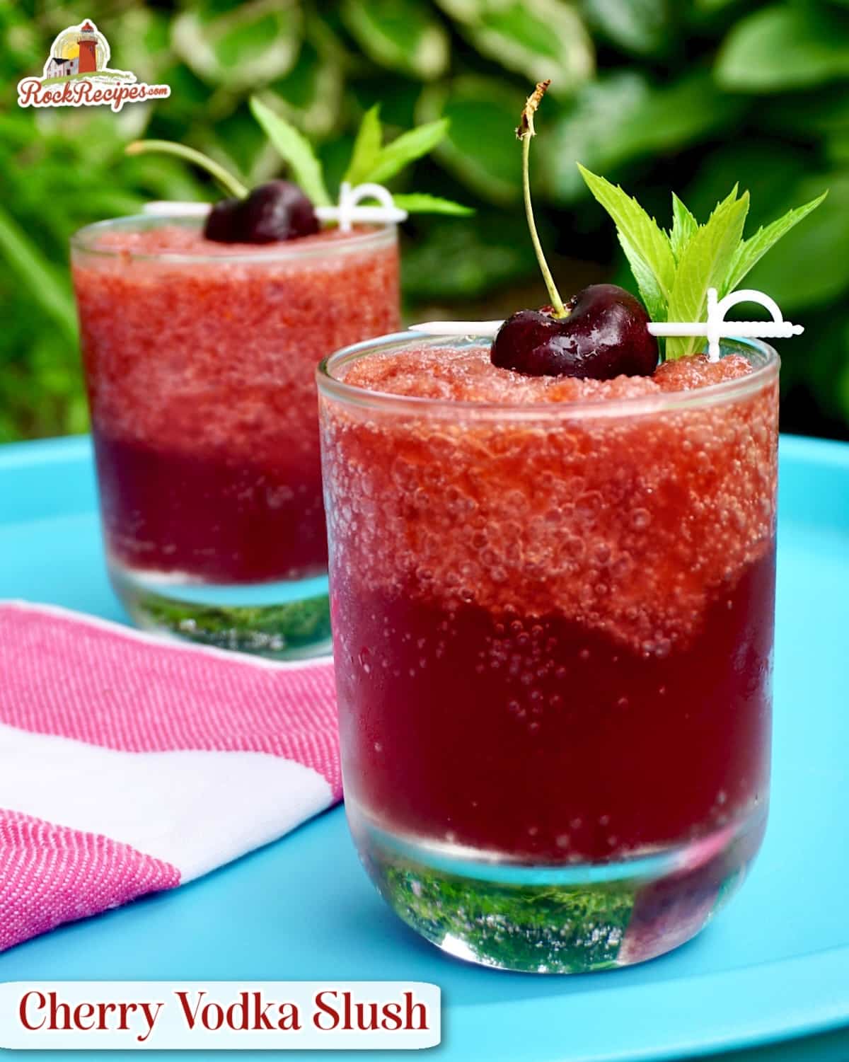 Cherry Vodka Slush photo with title text added for Pinterest and social media posts.