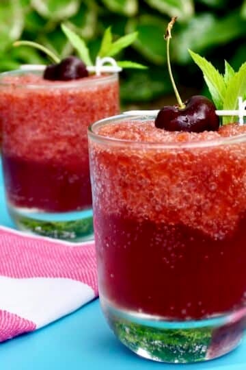 Cherry Vodka Slush photo of 2 cocktails in a teal coloured serving tray for Google featured image,