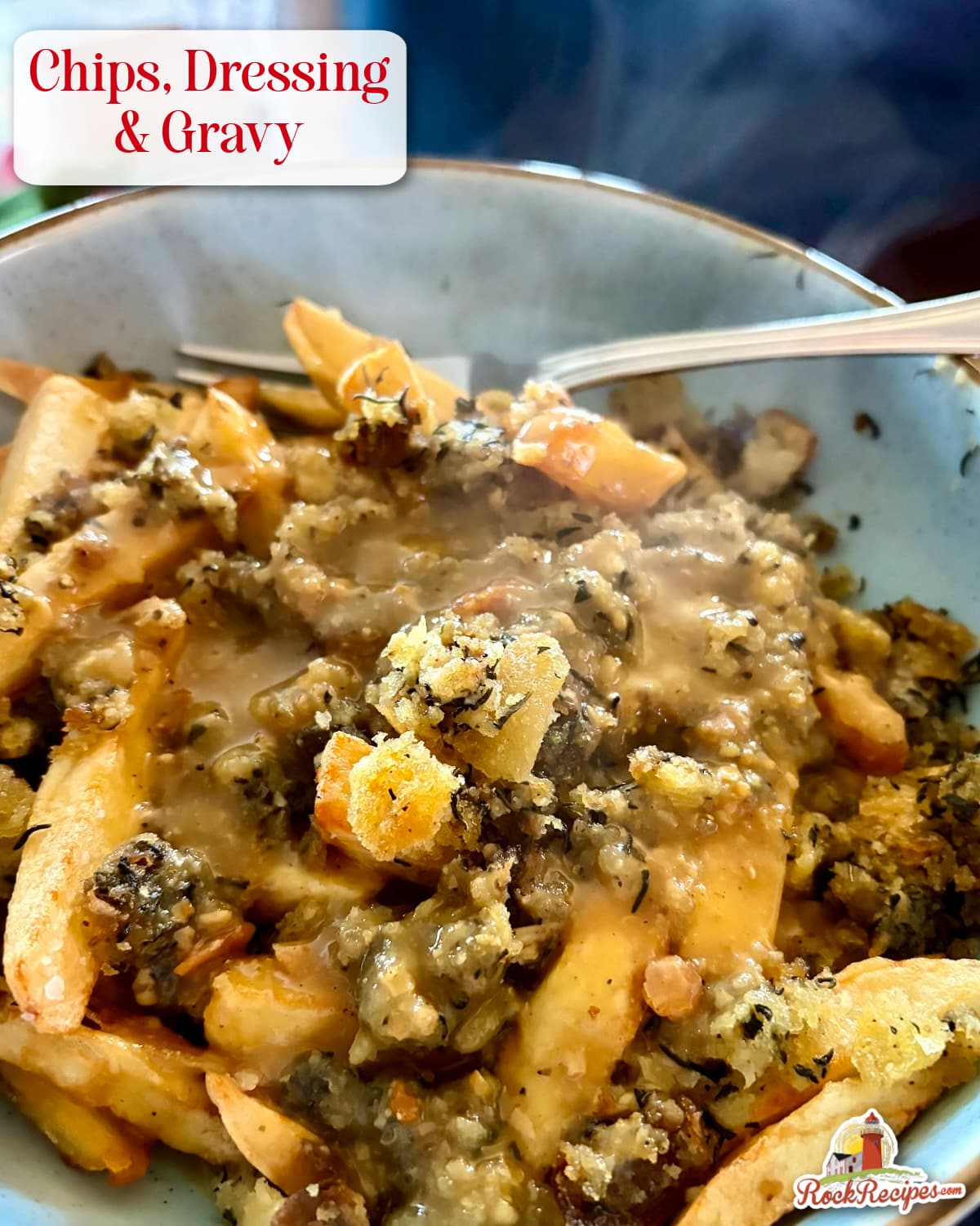 Photo of Newfoundland Dressing served with french fries and gravy with title text added for Pinterest and social media posts.