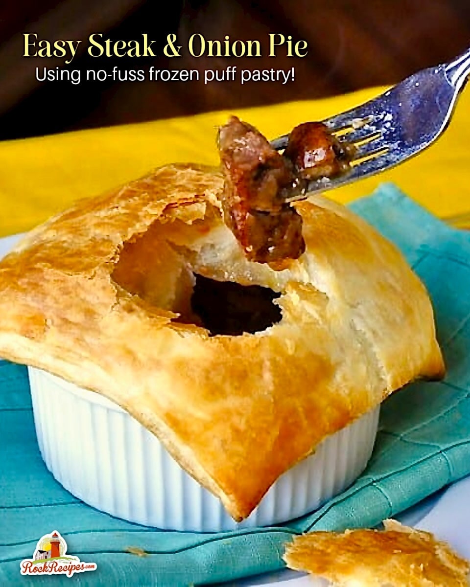 Close up photo of with fork in pie band title text added for Pinterest and social media posts