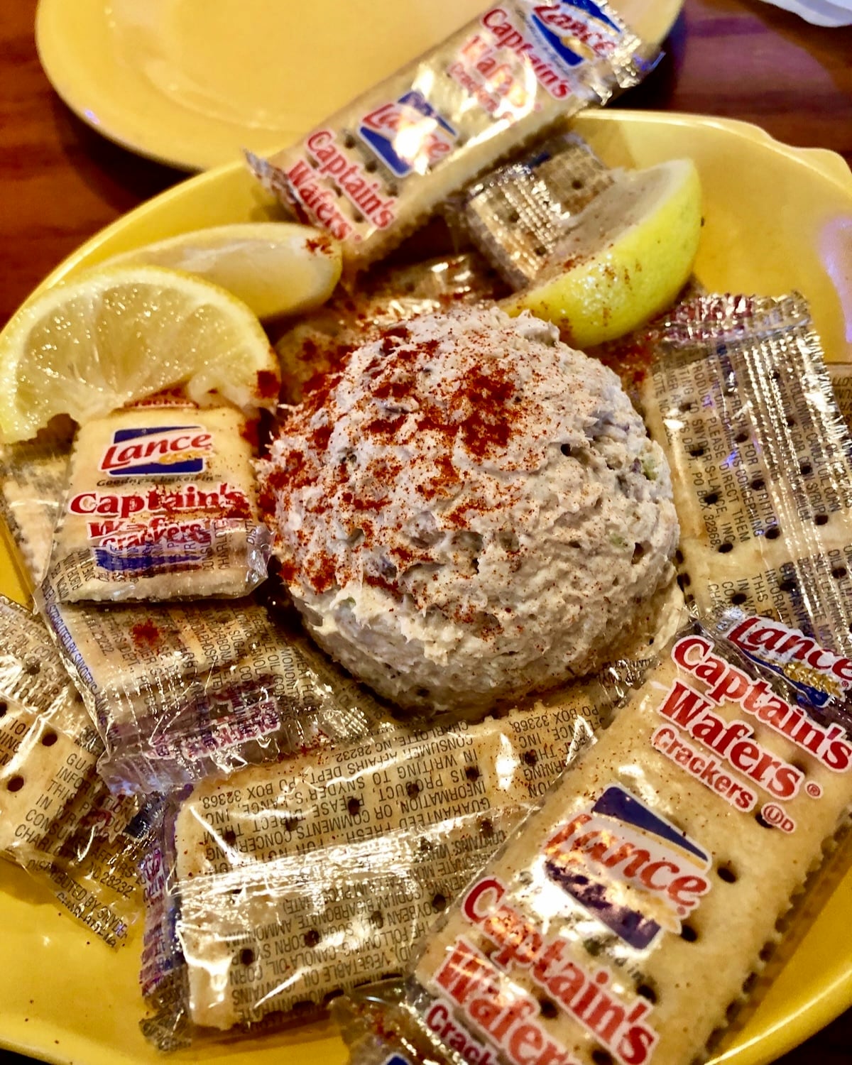 Photo of the smoked fish dip served with plain crackers at Frenchy's Cafe.