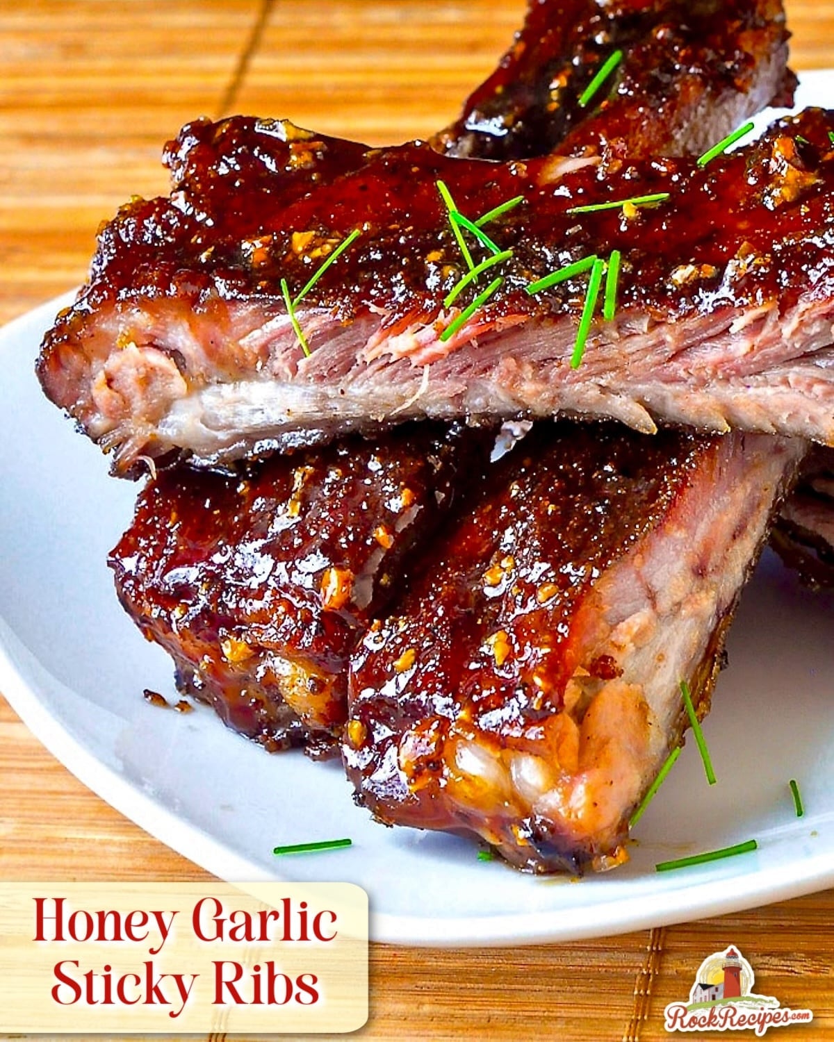 Honey Garlic Sticky Ribs photo with title text added for Pinterest and social media posts.