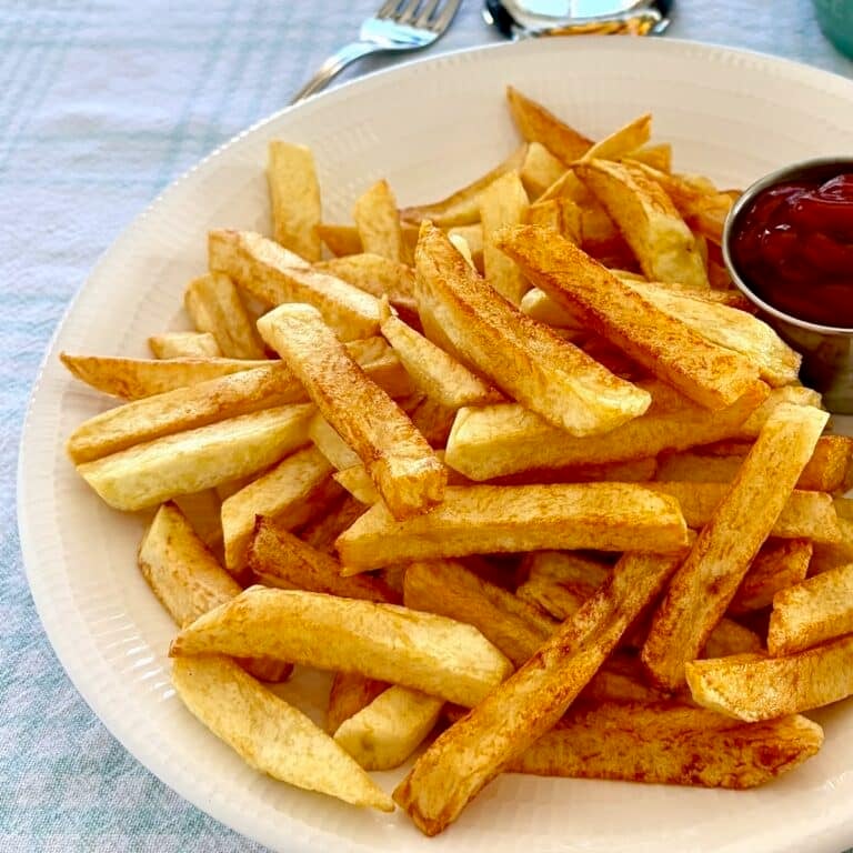 Cold Oil French Fries close up photo of one serving in a white plate.