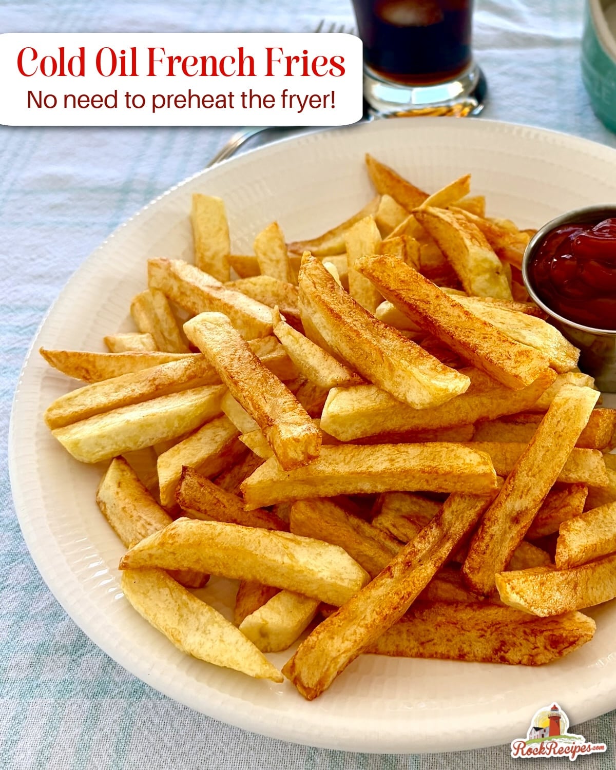 Photo of Cold Oil French Fries with title text and logo added for social media posts.