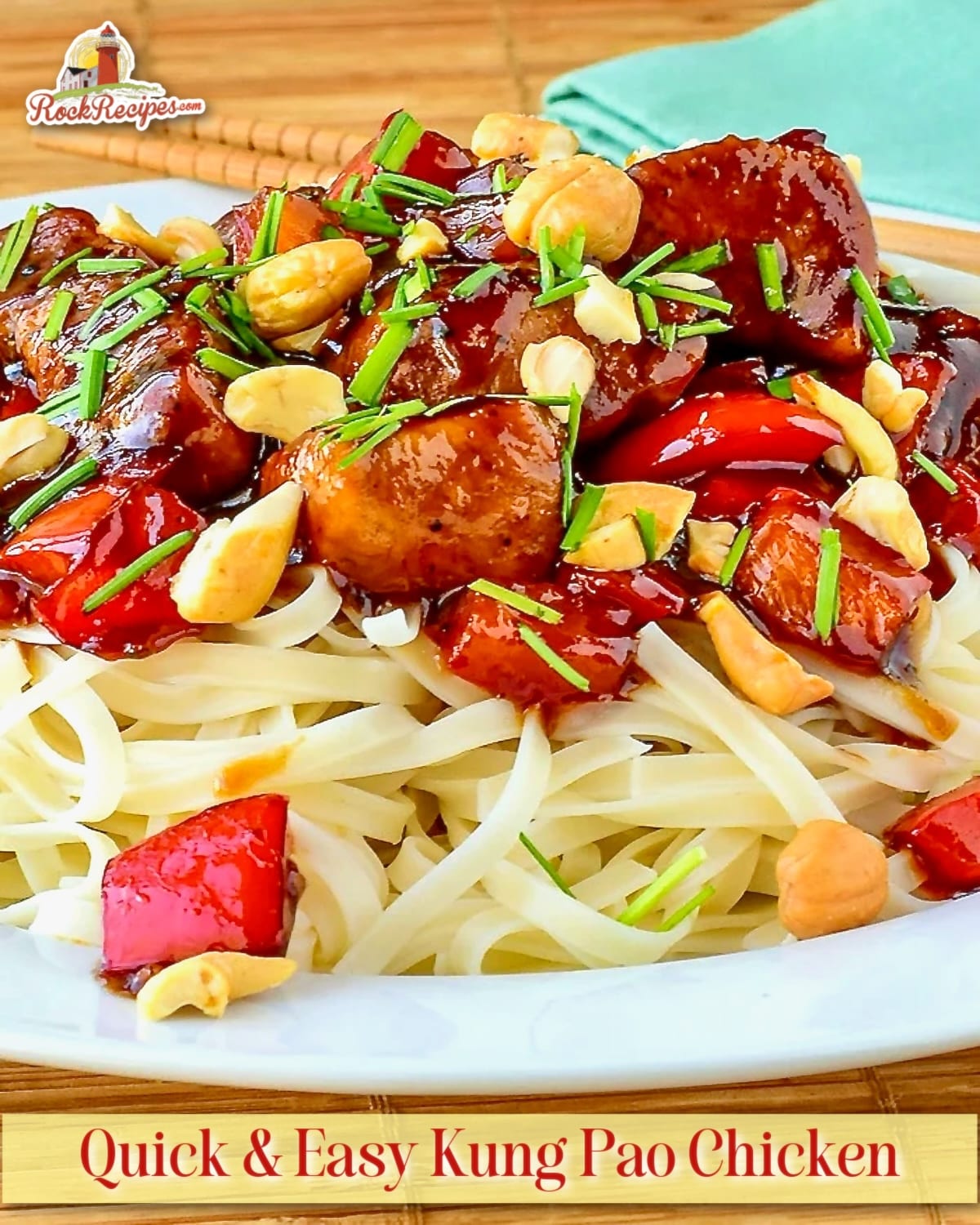 Kung Pao Chicken photo with title text added for Pinterest and social media posts.