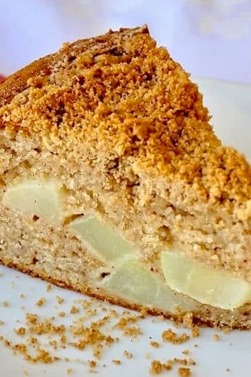 Streusel Spice Pear Cake photo of one slice on a white plate.