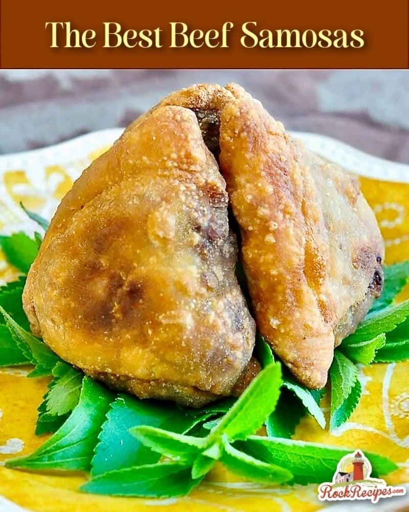 The Best Beef Samosas photo of garnished samosas on a yellow plate with title text added for Pinterest and social media posts.