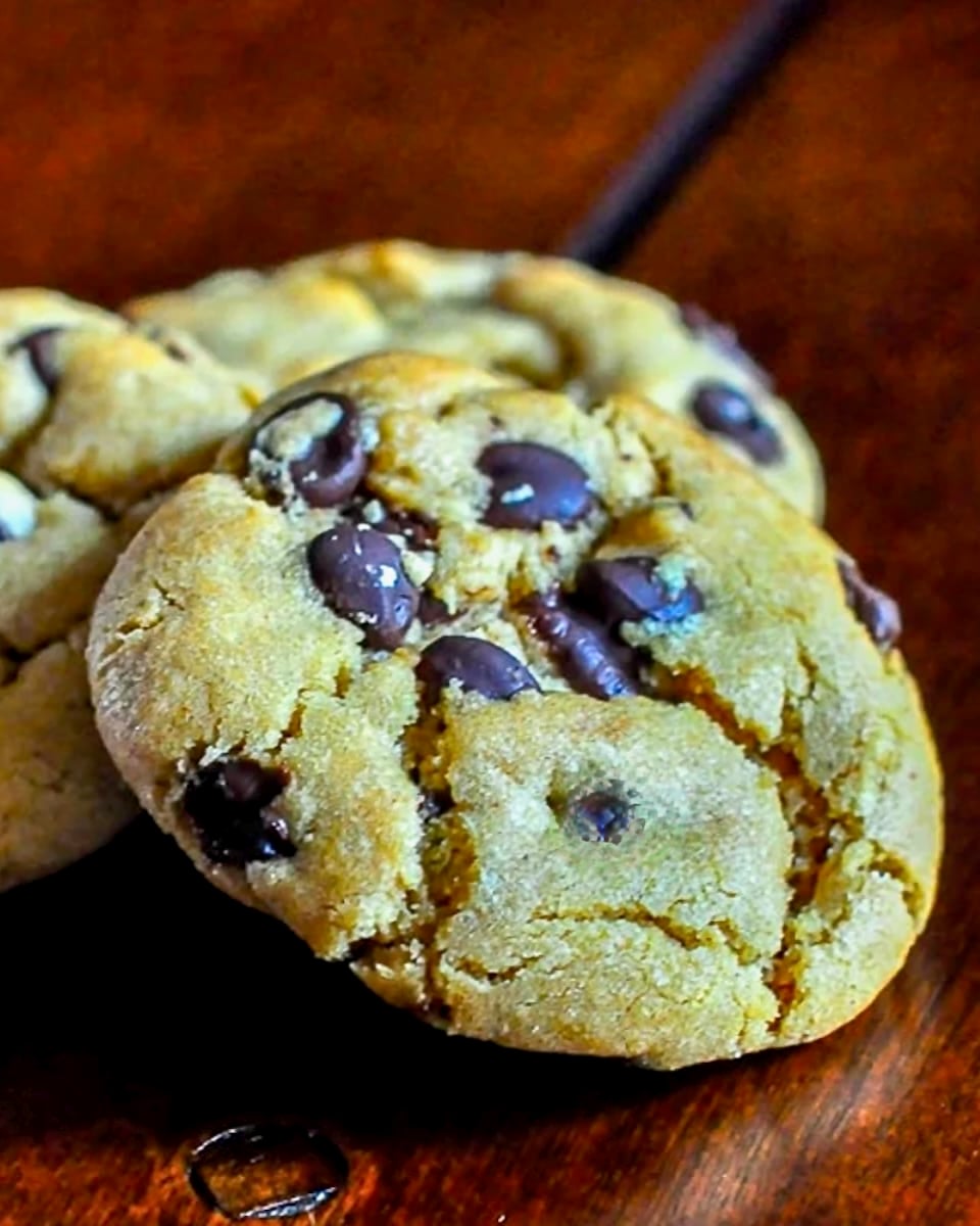The Best Peanut Butter Chocolate Chip Cookies close up photo of cookies stacked on a wooden table.