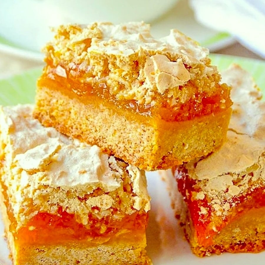 Close up phot of Apricot Coconut Meringue Bars for featured image.