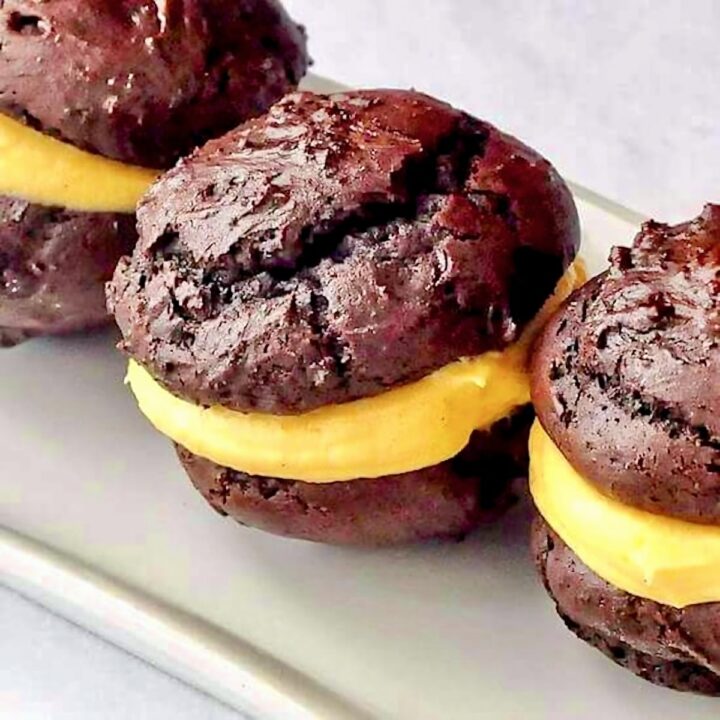 Chocolate Pumpkin Spice Whoopie Pies close up image for featured photo