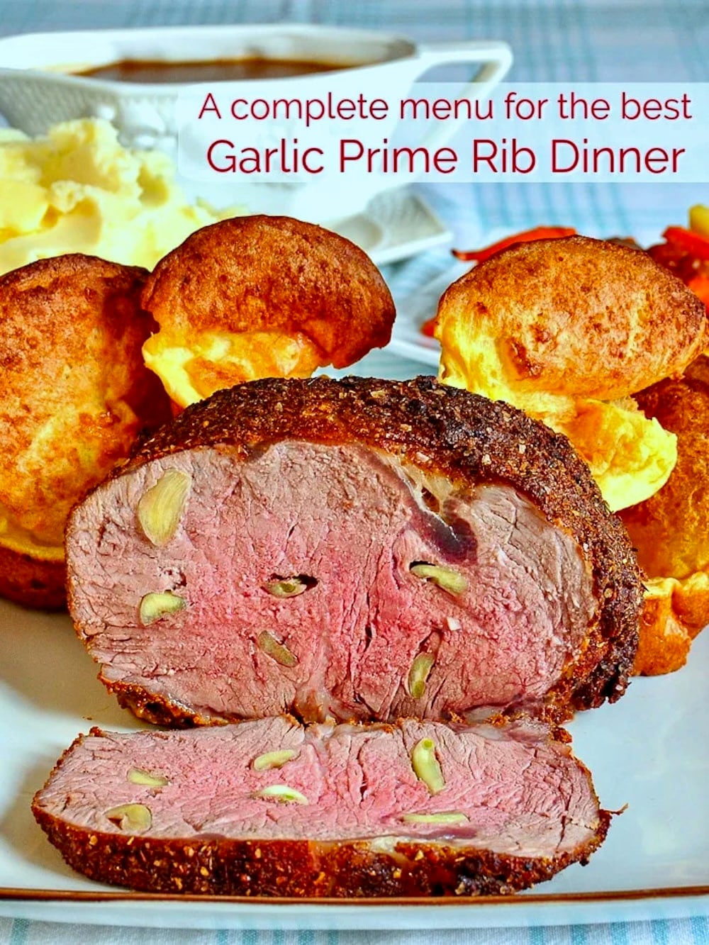 Garlic Prime Rib photo with title text for Pinterest and social media posts.