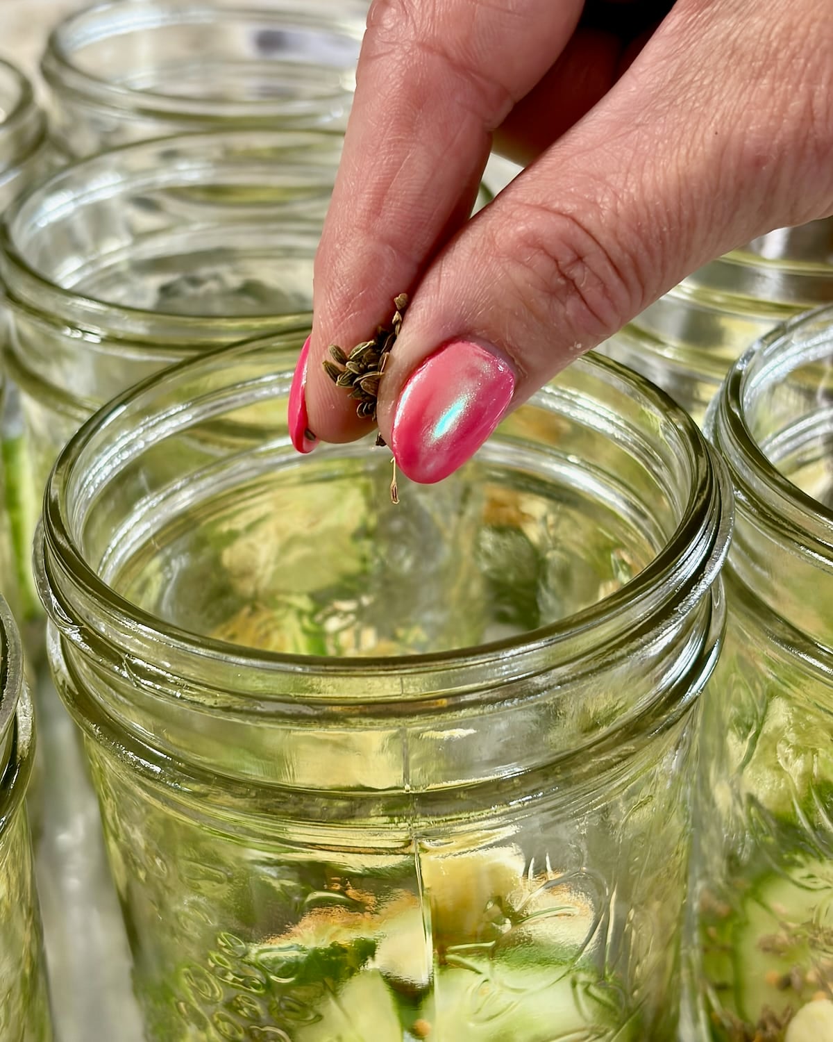 Photo of dill seeds being added to a bottle.
