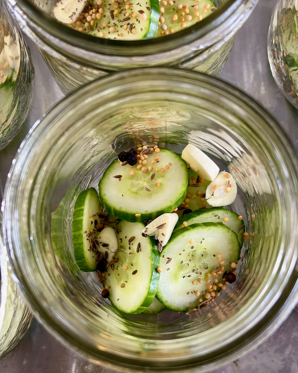 Photo looking down into bottle with cucumbers and spices.
