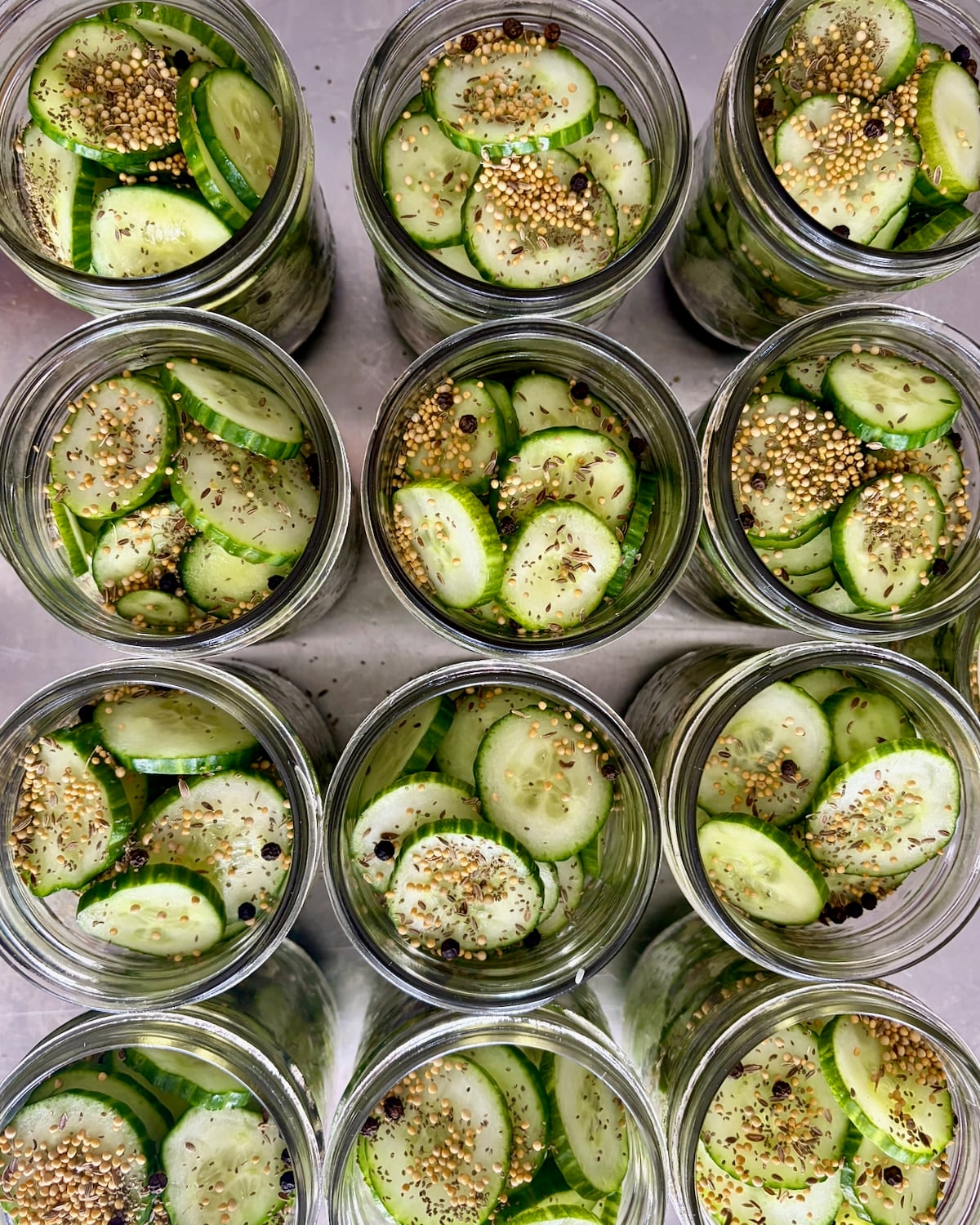 overhead photo of cucumbers and spices in bottles