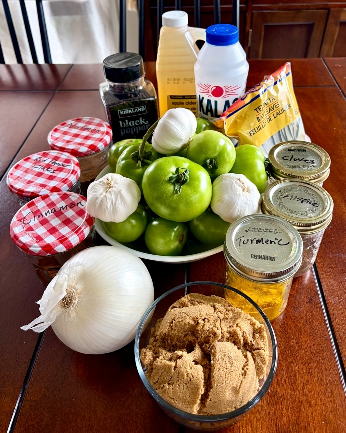 Photo of all of the ingredients for Green Tomato Chow Chow.