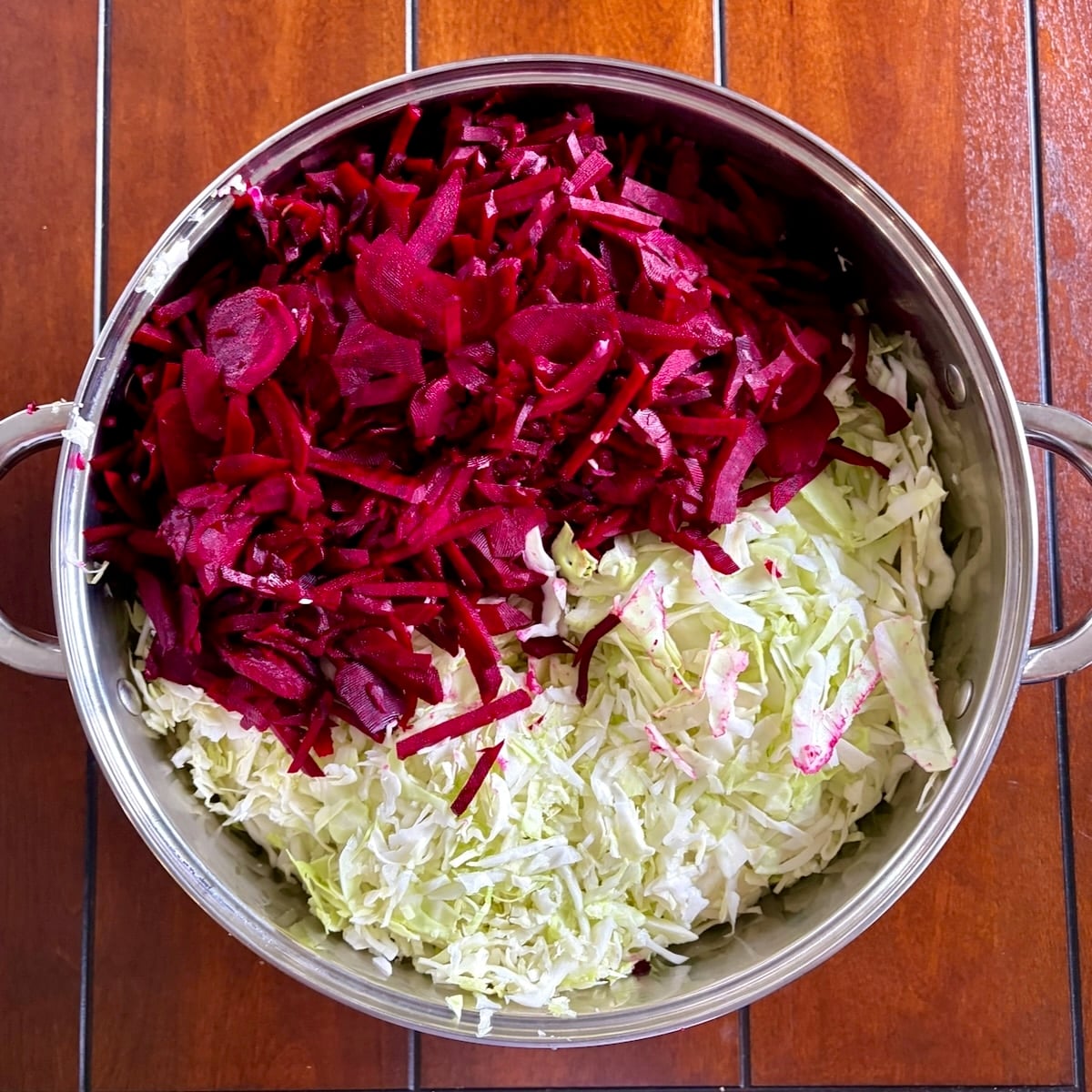 Overhead photo of prepared vegetables for Easy Beet Relish.